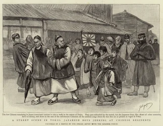 A Street Scene in Tokio, Japanese Boys Jerring at Chinese Residents